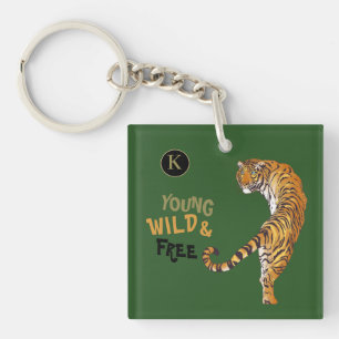 Personalised Young Wild Free Tiger Monogram Green Key Ring