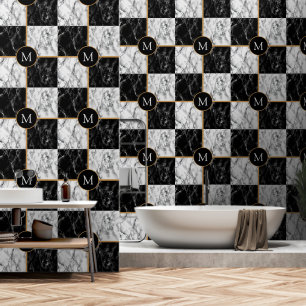 Personalised Your Letter Black White Check Marble Wallpaper