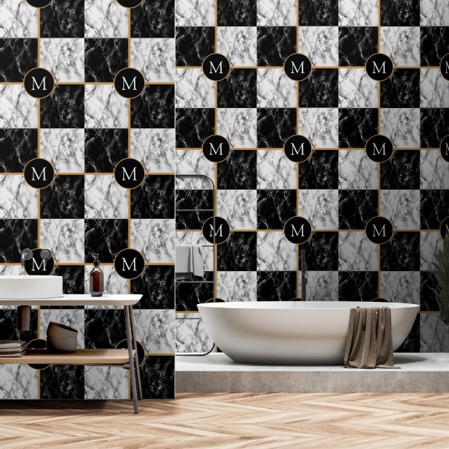 Personalised Your Letter Black White Check Marble Wallpaper (Bathroom)