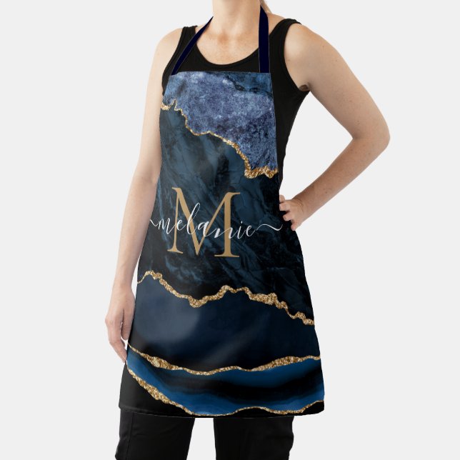 Personalised Your Letter Name Navy Blue Gold Apron (Insitu)