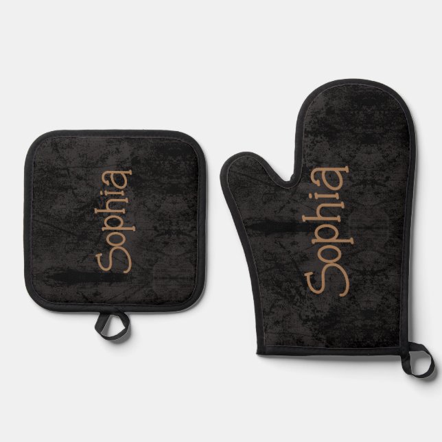 Personalised Your Name Black Custom Oven Mitt & Pot Holder Set (Front)