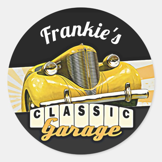 Personalised | Your Name | Classic Car Garage Round Sticker (Front)