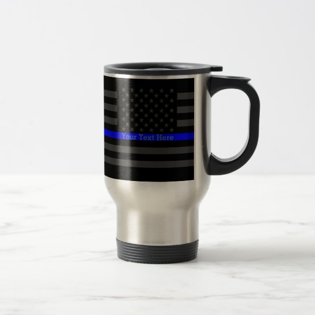 Personalised Your Name Thin Blue Line Grey US Flag Travel Mug (Right)