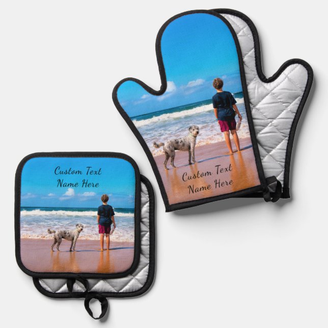 Personalised Your Photo and Custom Text Oven Mitt & Pot Holder Set (Front/Back)