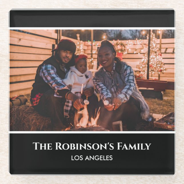 Personalised Your Photo in Black Frame with Texts Glass Coaster (Front)