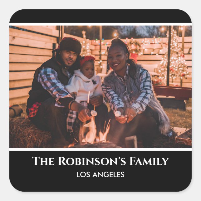 Personalised Your Photo in Black Frame with Texts Square Sticker (Front)