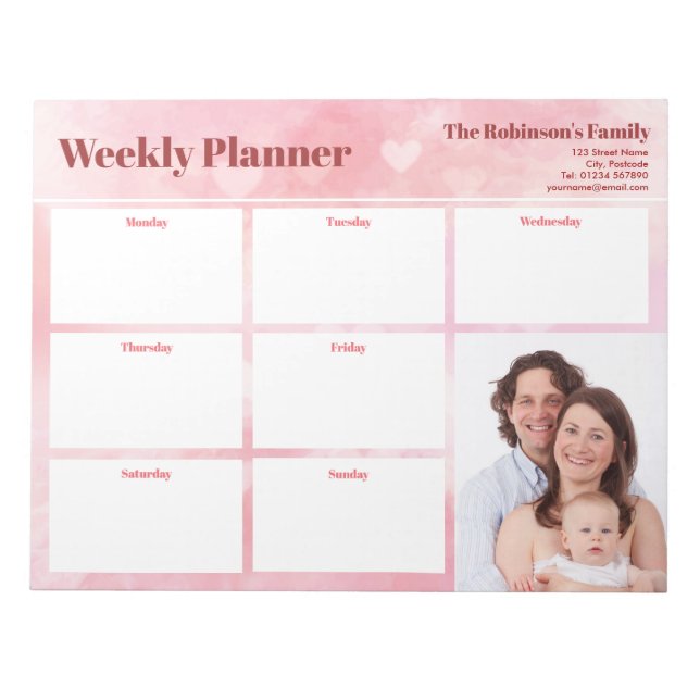 Personalised Your Photo Weekly Planner Pink Hearts Notepad (Front)