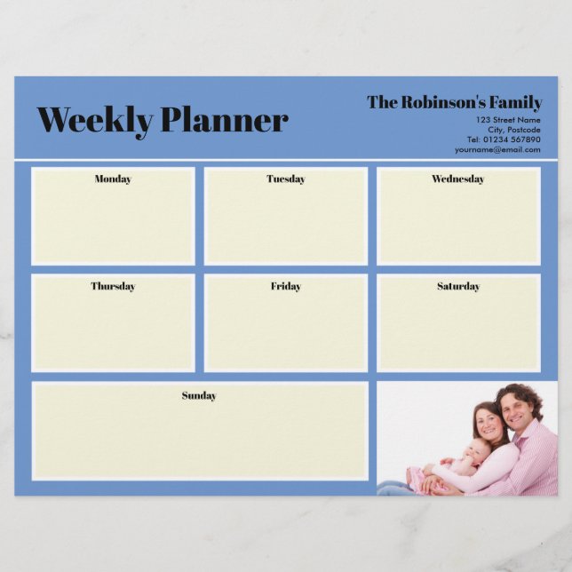 Personalised Your Photo Weekly Planner Plain Blue Custom Letterhead (Front)