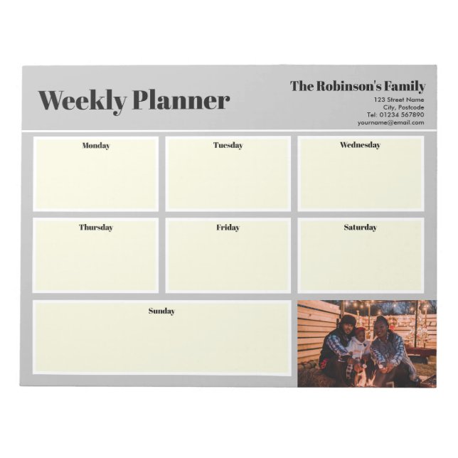 Personalised Your Photo Weekly Planner Plain Grey Notepad (Front)