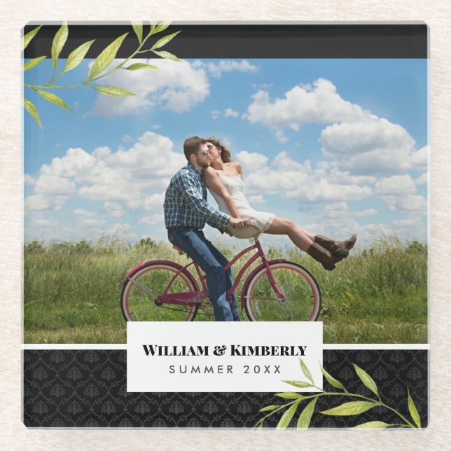 Personalised Your Photo with Laurel and Damask Glass Coaster (Front)