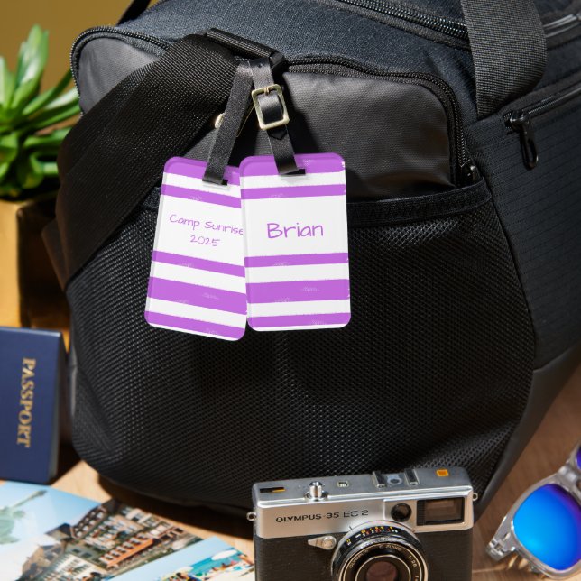 Personalised Youth Camp Purple Stripe Luggage Tag (Front & Back)