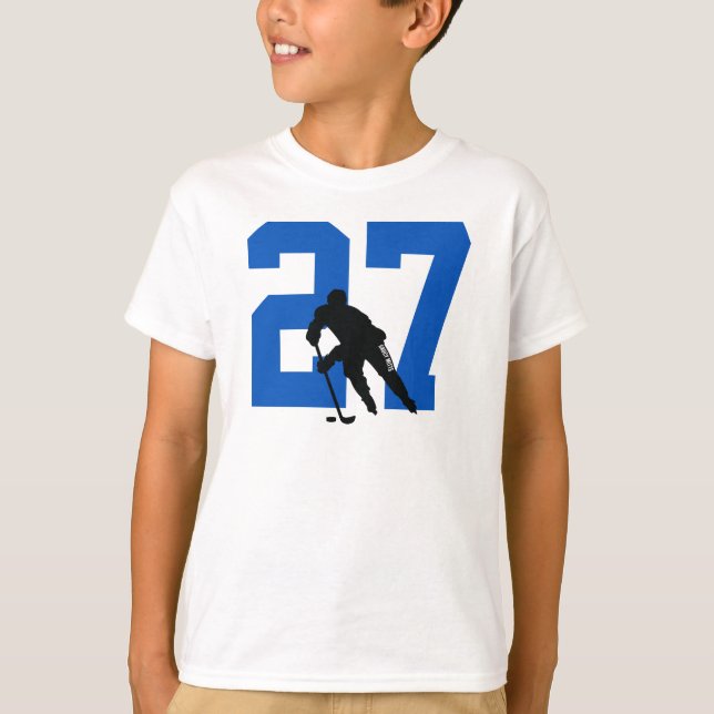 Personalised Youth Hockey Player Number Blue T-Shirt (Front)