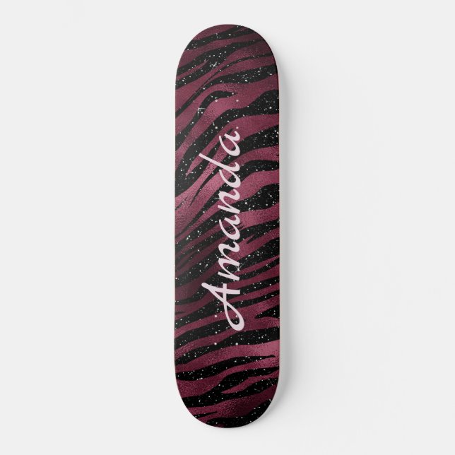 Personalised Zebra Black & Burgundy Glitter Skateboard (Front)