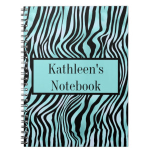 Personalised Zebra Print Black and Teal Turquoise Notebook