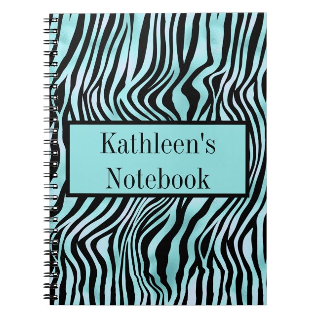 Personalised Zebra Print Black and Teal Turquoise  Notebook (Front)