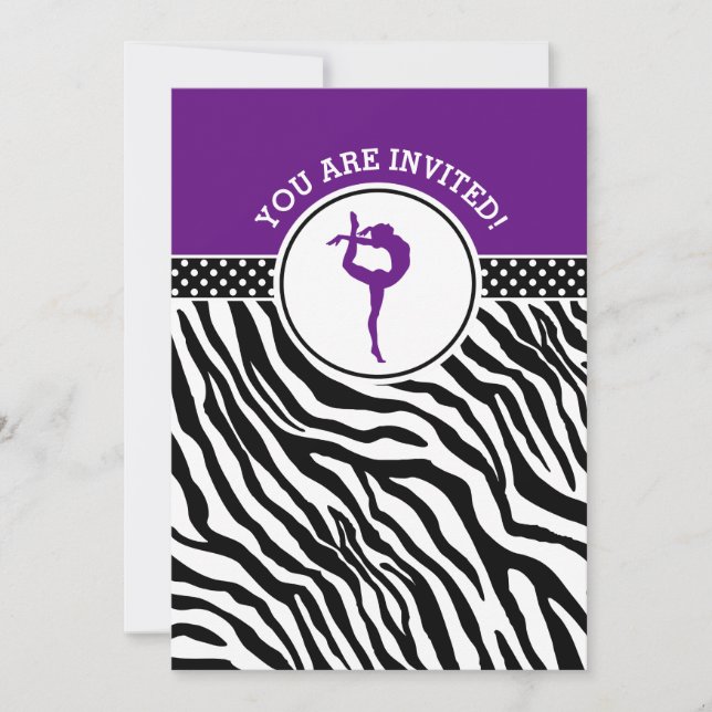 Personalised Zebra Print Gymnastics in Purple Invitation (Front)