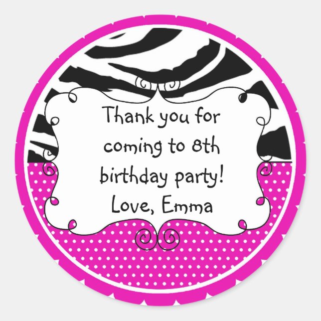 Personalised Zebra Stripes and Pink Polka Dots Classic Round Sticker (Front)