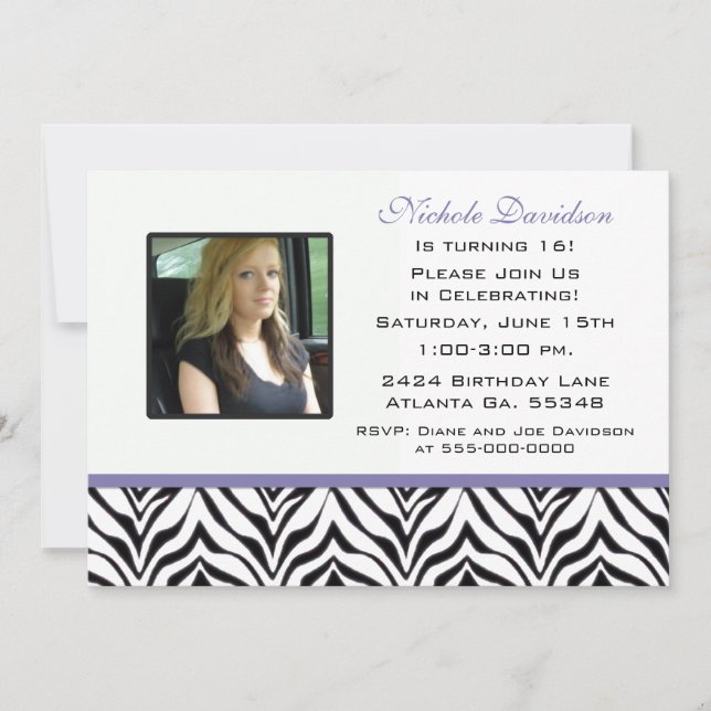 Personalised: Zebra Sweet 16 Party Invitation (Front)