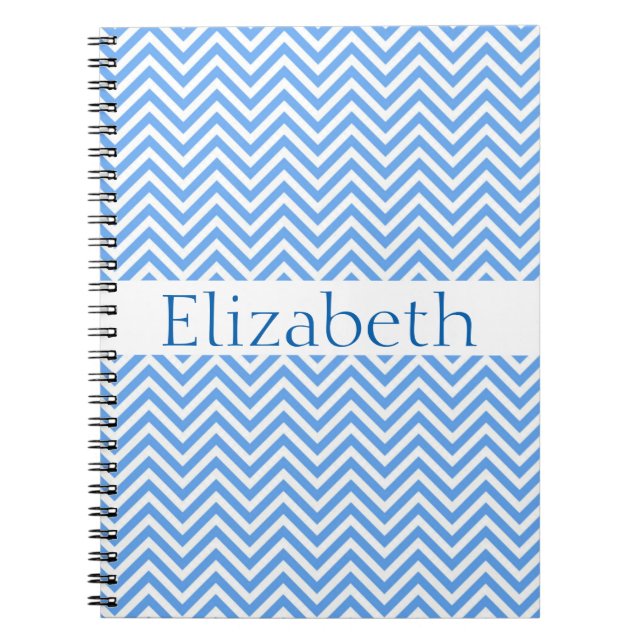 Personalised Zigzag Chevron Pattern Blue White Spiral Notebook (Front)
