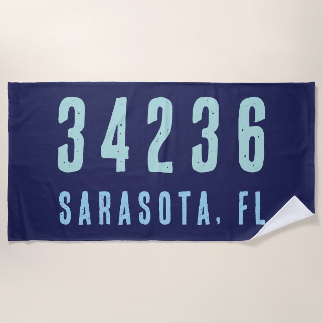 Personalised Zip Code, City, State | Navy Blue Beach Towel (Front)