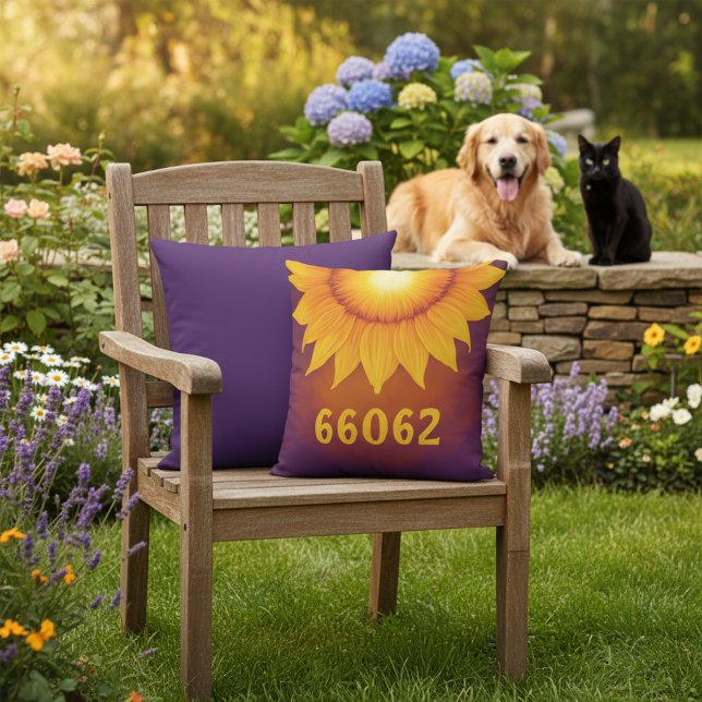 Personalised Zip Code Sunflower Decorative Cushion (Personalized zip code and sunflower outdoor throw pillow.)