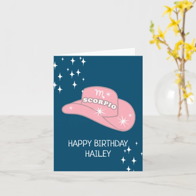 Personalised Zodiac Scorpio Cowgirl Hat Birthday Card (Yellow Flower)