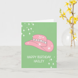 Personalised Zodiac Taurus Cowgirl Hat Birthday Card