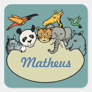 personalised zoo family animals square sticker