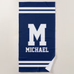 Personalises name monogram blue and white stripe beach towel<br><div class="desc">Personalises name monogram navy blue and white stripe beach towel. Personalised beach towel with bold athletic typography. Cool outdoor summer accessories for beach, travel or pool. Customisable colours. Perfect for Father's Day or Birthday! Make one for best dad, world's greatest father, son, brother, friend, grandpa, boyfriend, co worker, sister, daughter...</div>