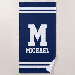 Personalises name monogram blue and white stripe beach towel