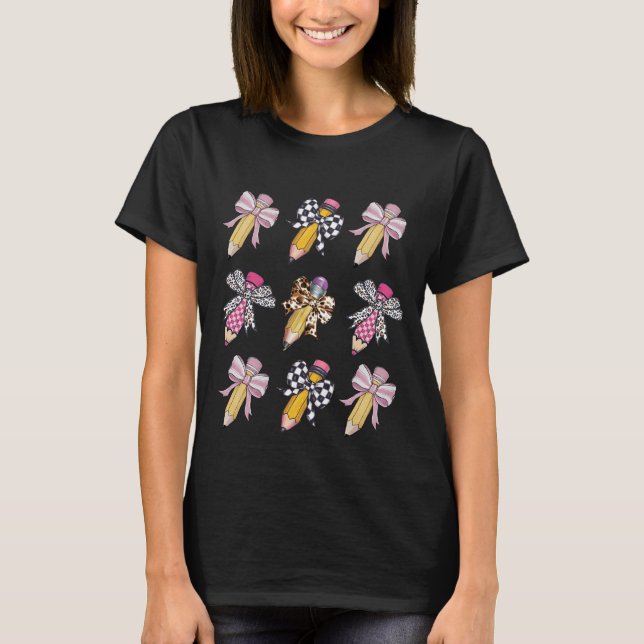 Personaliz Coquette Bow Pencil Teacher Pattern  T-Shirt (Front)