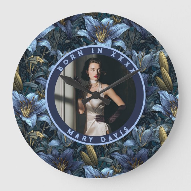 Personalizable Blue Lilies Charm Mum’S Birthday Large Clock (Front)