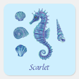 Personalizable Blue Seahorse & Seashells Square Sticker