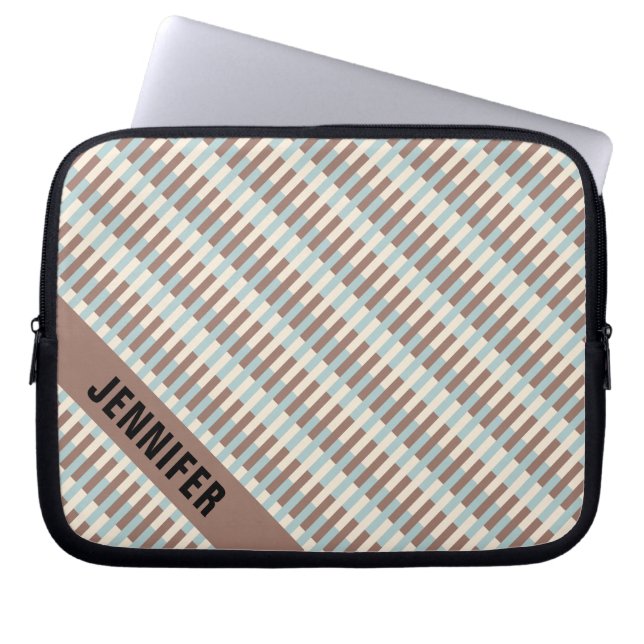 Personalizable Brown Tan Blue Stripes Laptop Sleeve (Front)