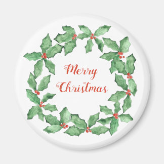 Personalizable Christmas Holly Wreath round magnet