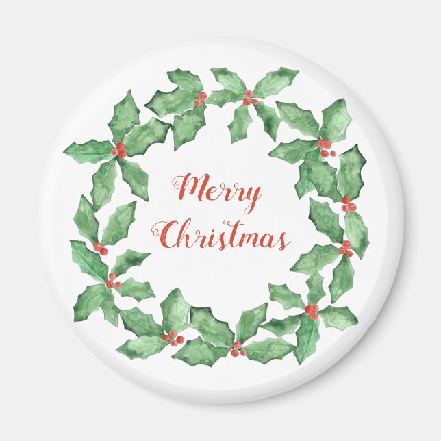 Personalizable Christmas Holly Wreath round magnet (Front)