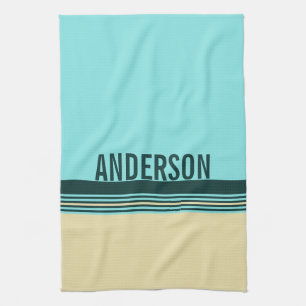 Personalizable Dark Green Yellow Blue Stripes Tea Towel