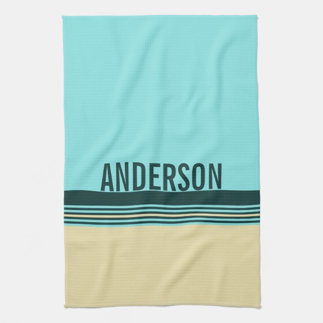 Personalizable Dark Green Yellow Blue Stripes Tea Towel (Vertical)