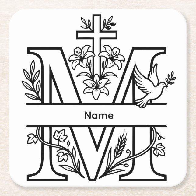 Personalizable M Christian Monogram  Square Paper Coaster (Front)