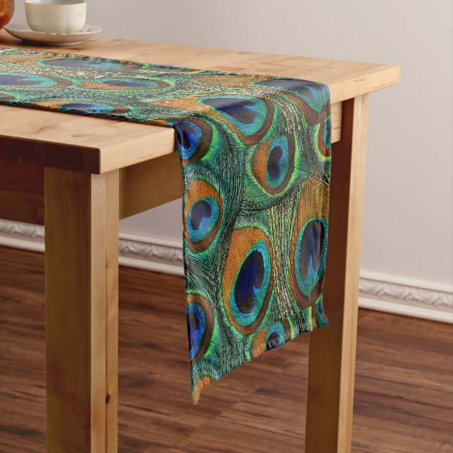 Personalizable Peacock Feather Print Table Runner (In Situ)