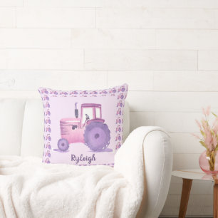 Personalizable Pink and Purple Watercolor Tractor  Cushion