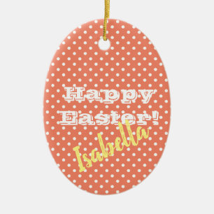Personalizable Vintage Orange PolkaDot HappyEaster Ceramic Tree Decoration