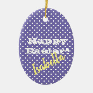 Personalizable Vintage Purple PolkaDot HappyEaster Ceramic Tree Decoration