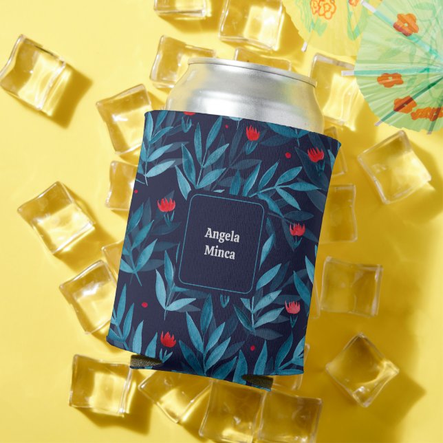 Personalizable Watercolor night garden - turquoise Can Cooler (In Situ Summer)