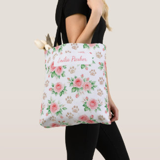 Personalizable Watercolor Rose and Paw Print Tote