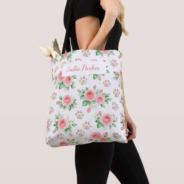 Personalizable Watercolor Rose and Paw Print Tote  Bag (Close Up)