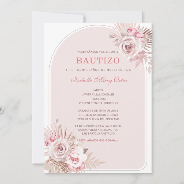 Personalizada de Bautizo para Niña con Flores Rosa Invitation (Front)