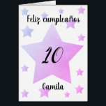 Personalizado Feliz Cumpleaños<br><div class="desc">This personalised birthday card in Spanish says Feliz Cumpleaños on the front and features scattered pink purple stars. You can easily personalise the big star with her age and name underneath the star. The inside card message can also be easily personalised if you wanted. The back of the Spanish birthday...</div>