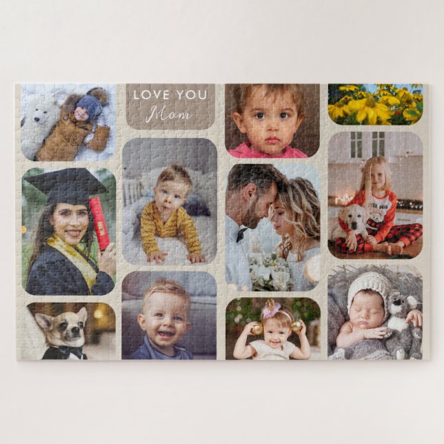    Personalize 11 Photos Taupe Modern Love You Mom Jigsaw Puzzle (Horizontal)