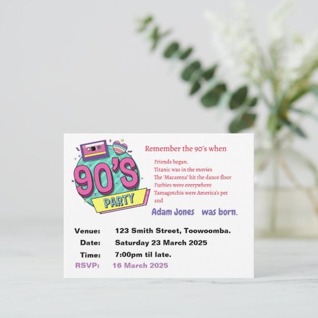 Personalize 90s retro party invitation postcard (Standing Front)